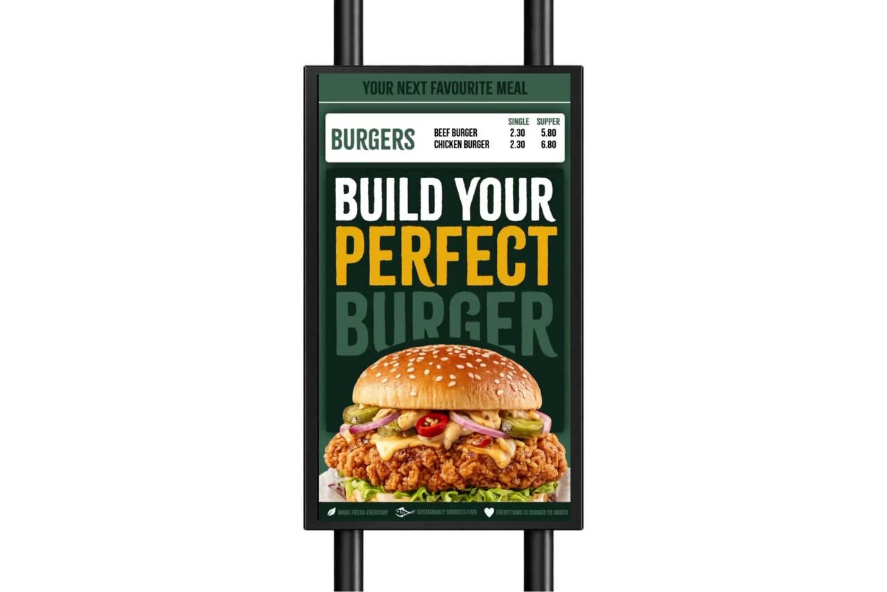 Portrait digital poster screen running a build your own burger promotion