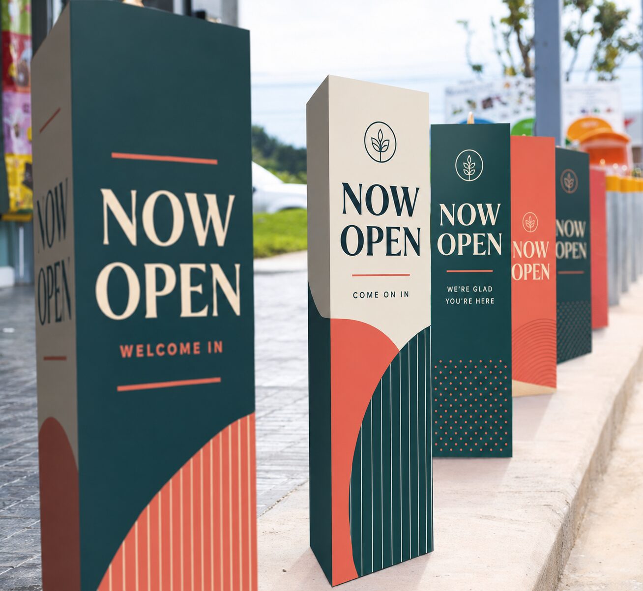 Now Open printed bollard covers outside a new store