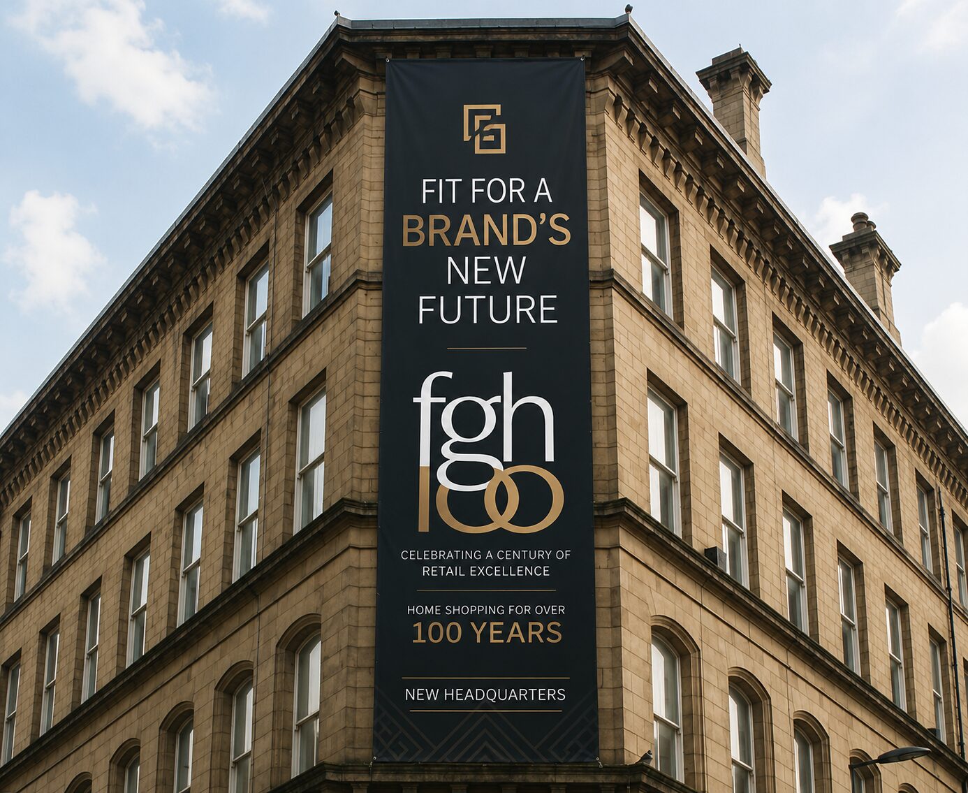 Large printed building banner on a stone-fronted head office