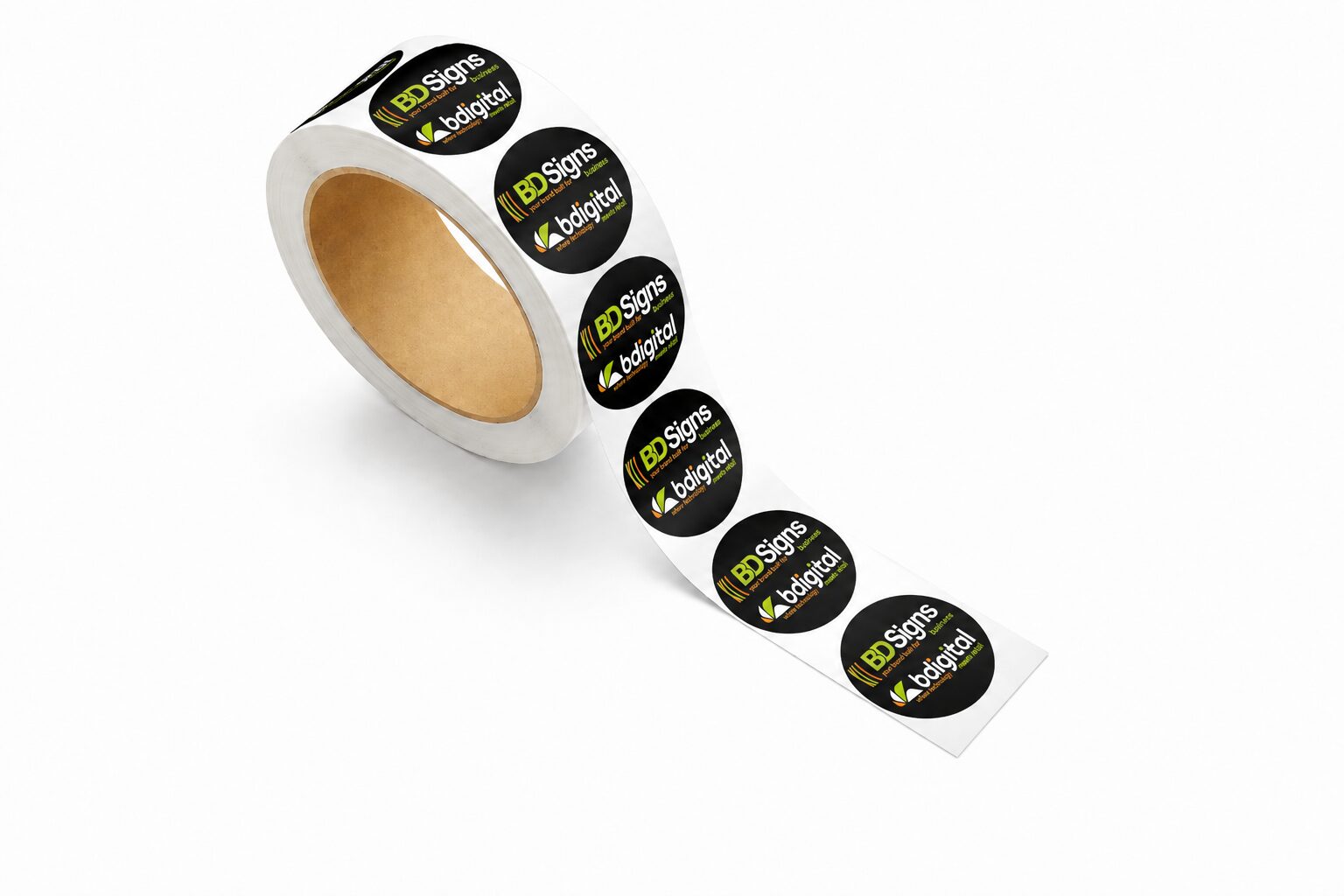 Roll of printed branded stickers