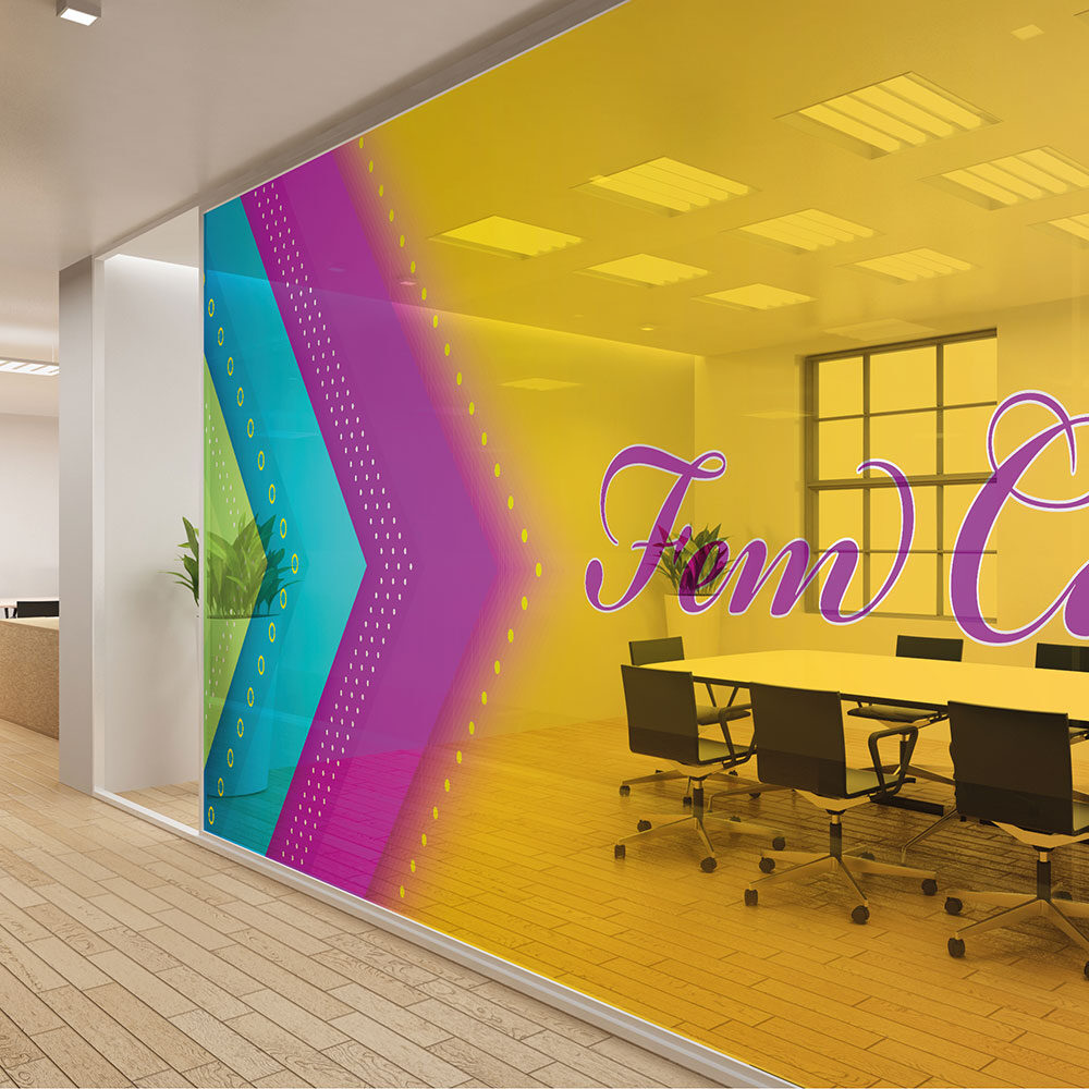 Printed coloured window film across an office meeting room